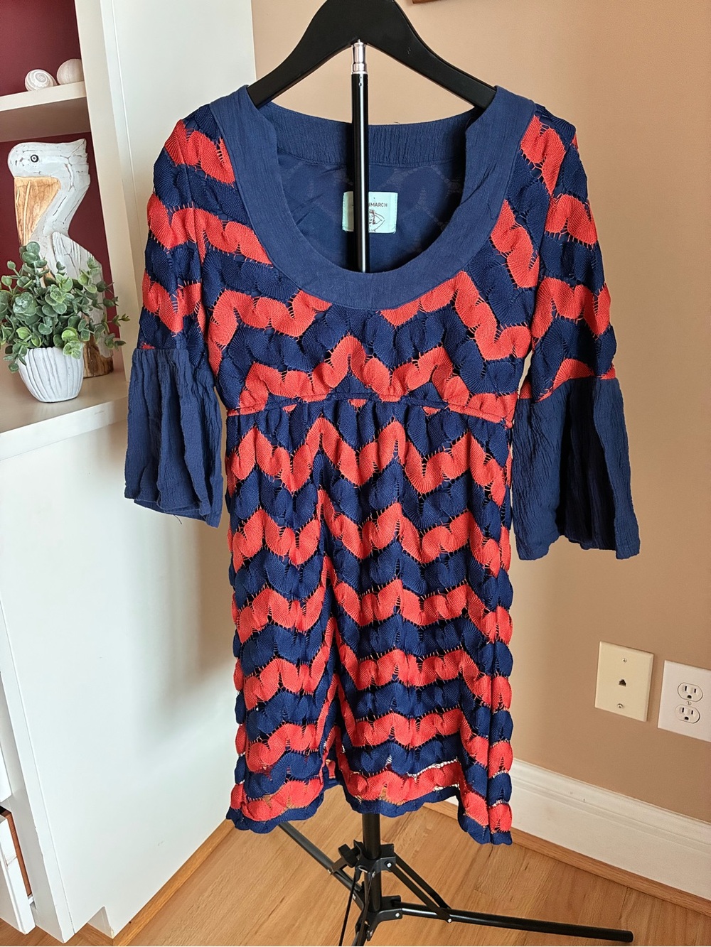 Judith March Chevron Lace Crochet Bell Sleeve Scoop Neck Dress Medium
